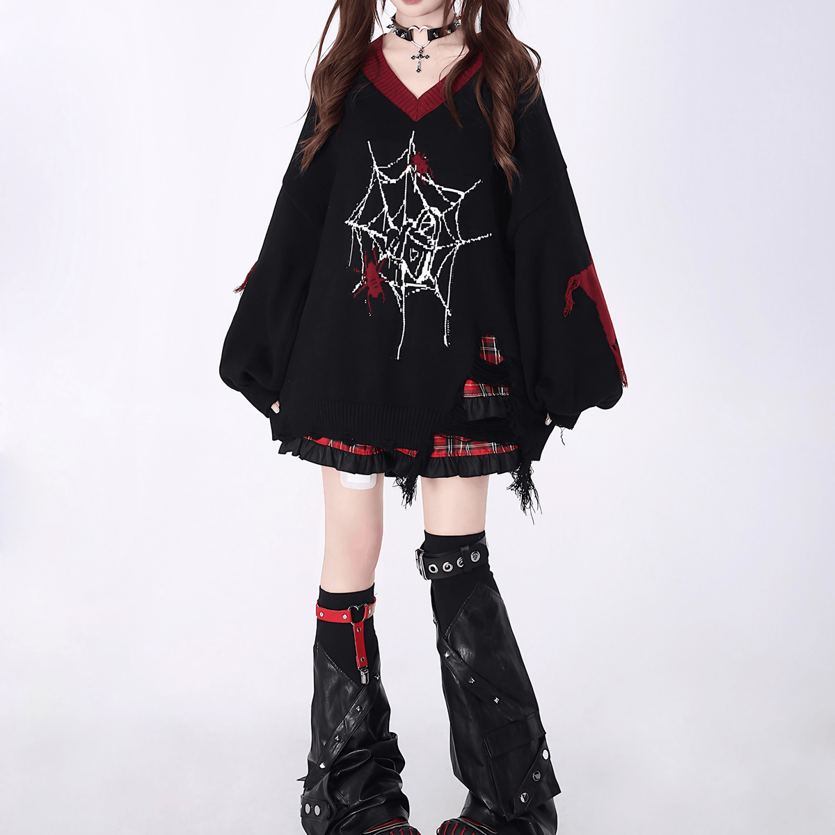 スパイダーウェブVネックニットセーター◆セーター 地雷系 S、M、L