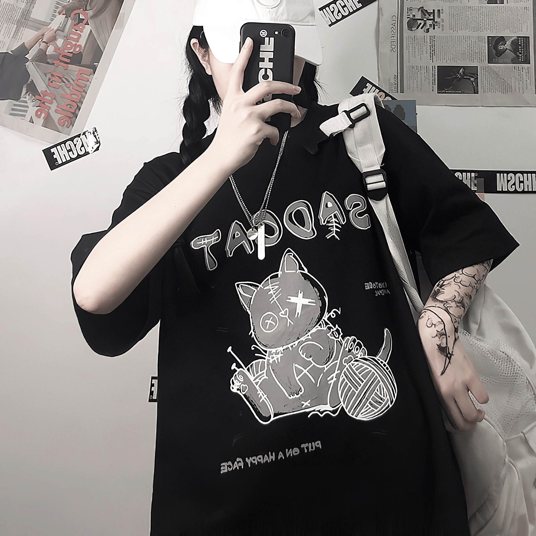 カジュアル猫プリントTシャツ◇イラストTシャツ サブカル系 M、L、XL カジュアル猫プリントTシャツ◇イラストTシャツ サブカル系 M、L、XL