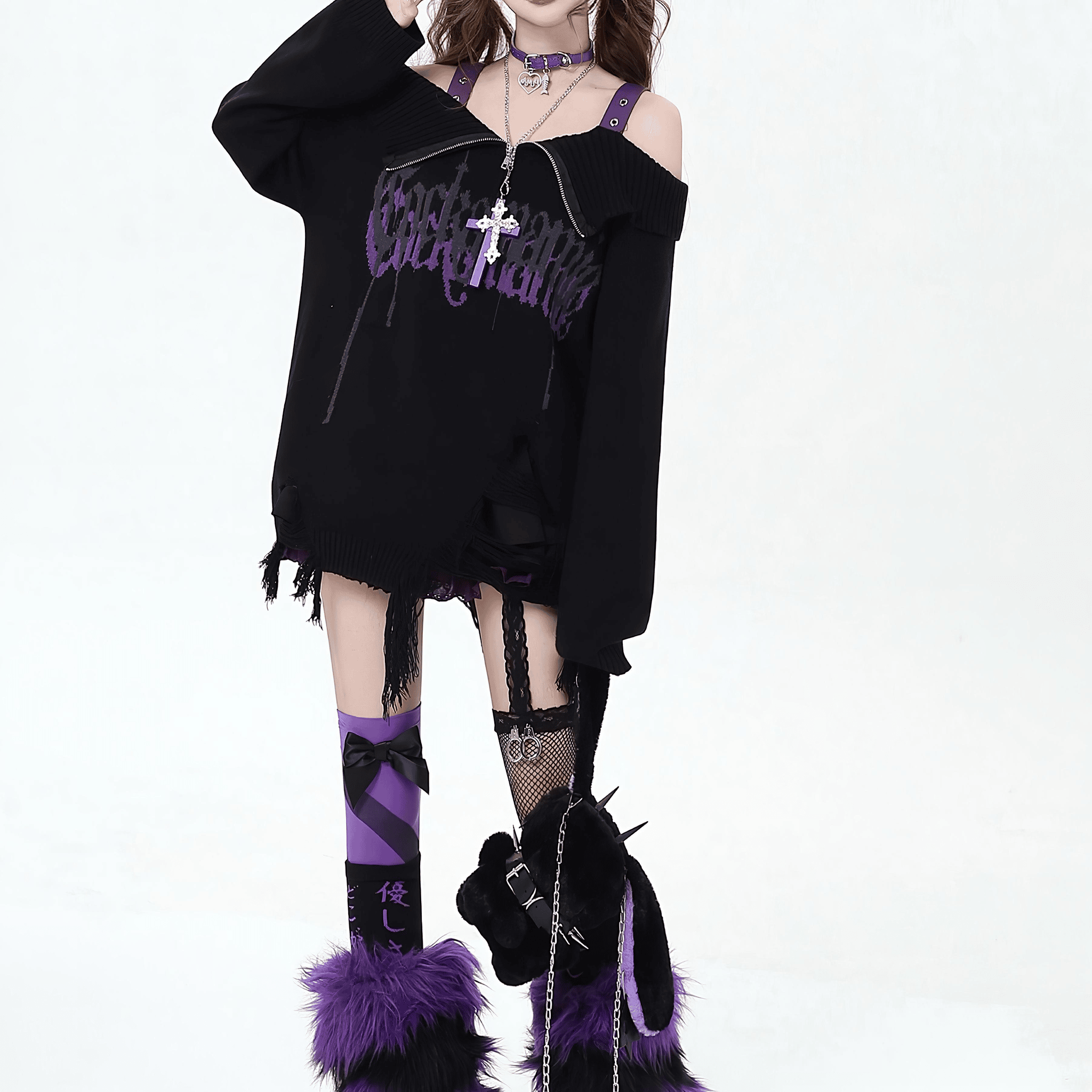 ストリート風オフショルダーニットセーター◆セーター 地雷系 S、M、L、XL