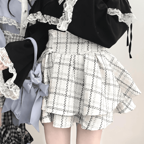 ツイード×リボンガーリーボリュームスカート◆ミニスカート ガーリー系 S、M、L