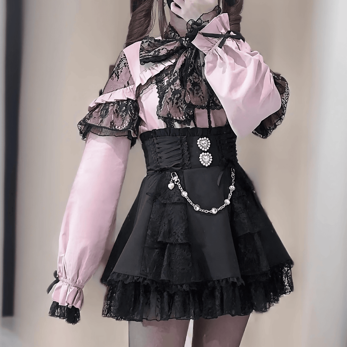 【升中味】パールチェーンxレースティアードスカート◆ミニスカート 地雷系 S、M、L、XL