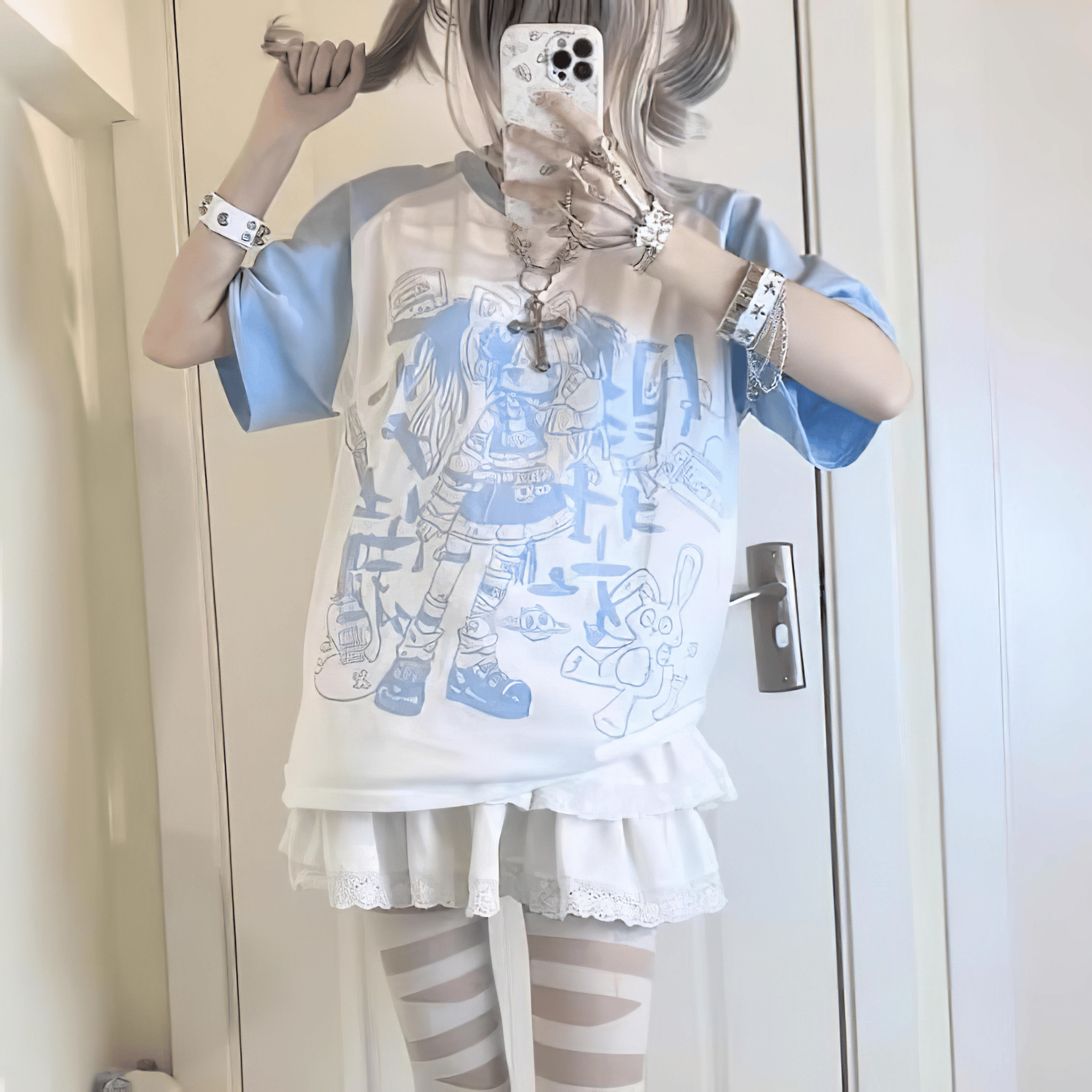 キャラグラフィックラグランTシャツ◆イラストTシャツ サブカル系 S、M、L、XL、XXL