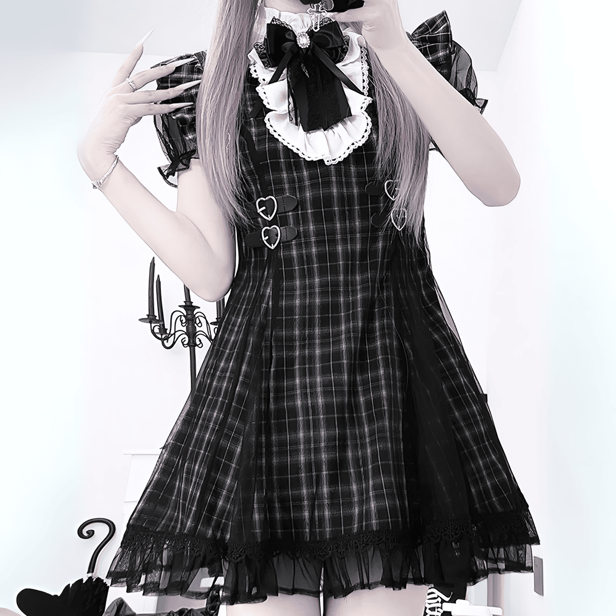 LALAJK】ブラックチェックリボンフリルワンピース◇ワンピース