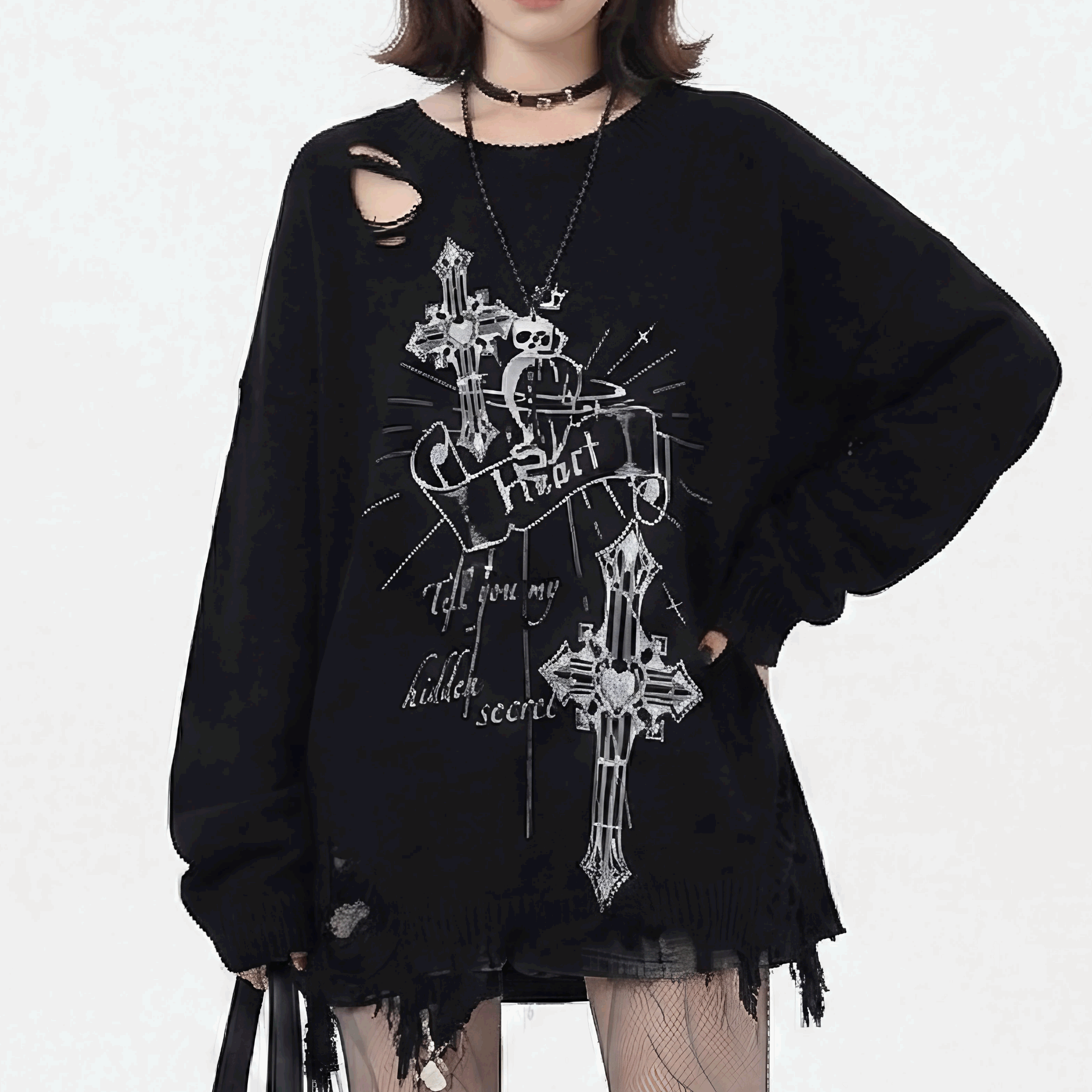 CrazyGirl】ダメージ加工グランジ風プリント長袖ニット◇セーター