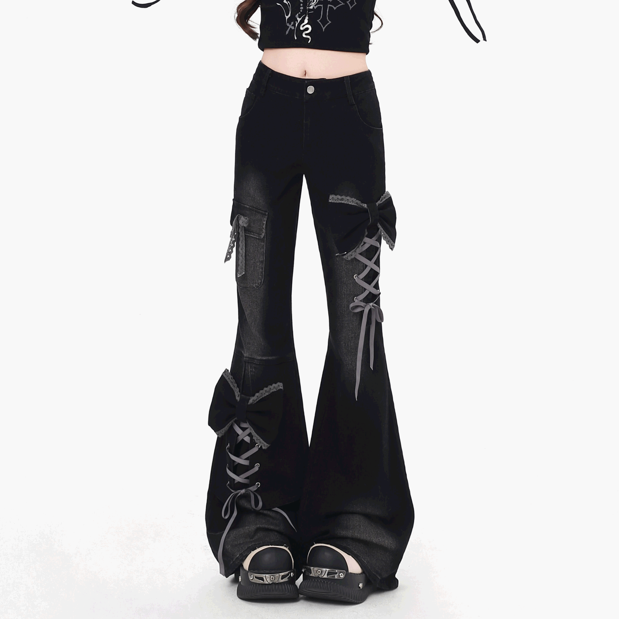 CrazyGirl】レーストリムリボン編み上げフレアデニムパンツ◇ロング