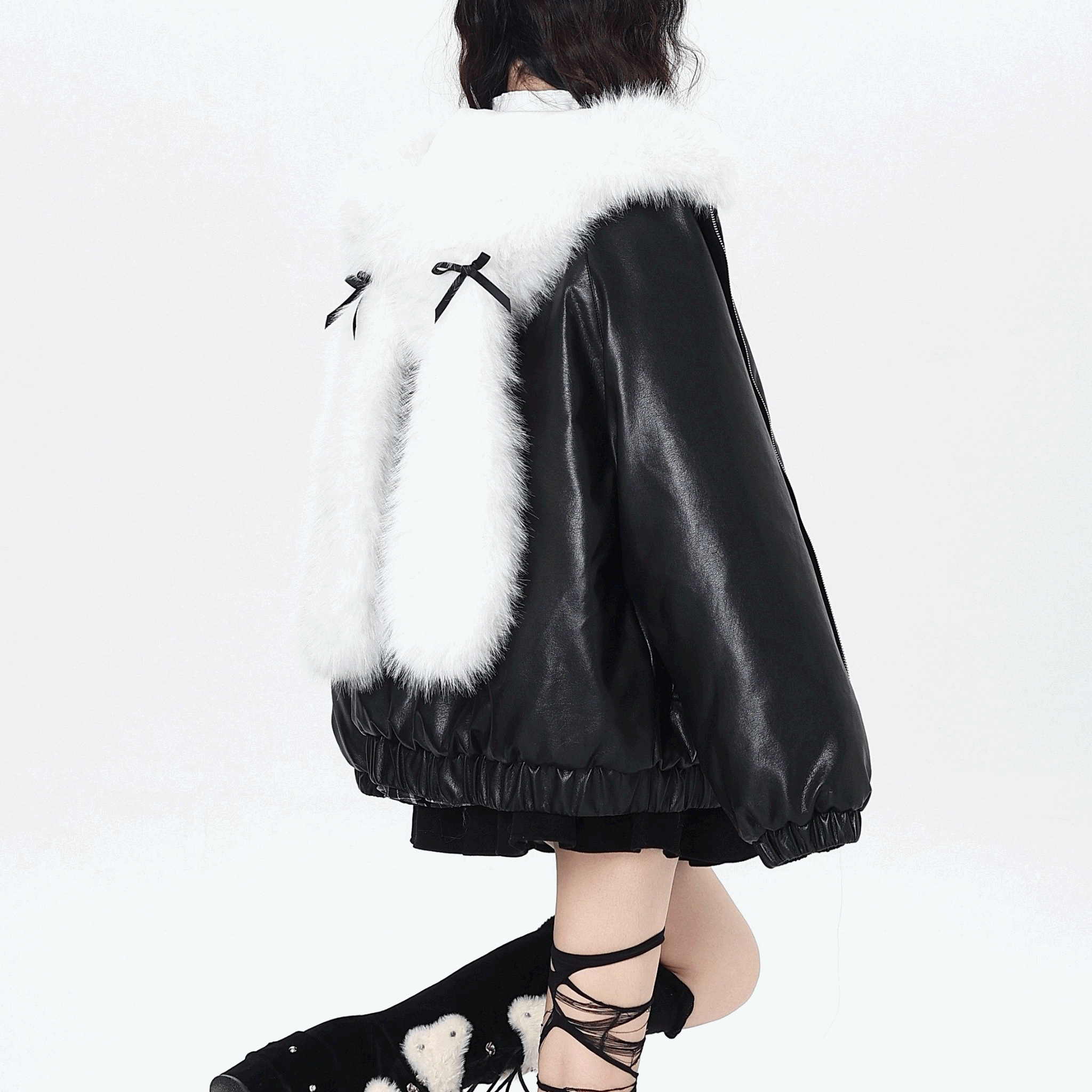 CrazyGirl】うさ耳フードファー付ゆったりフェイクレザージャケット