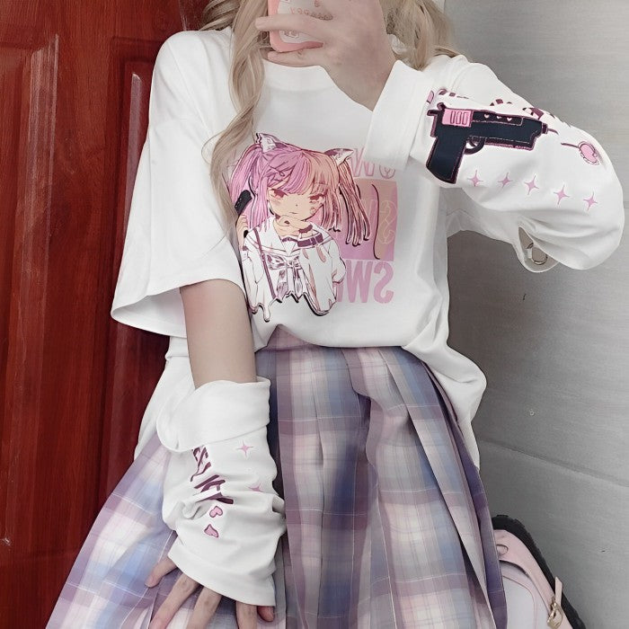 イラストプリントTシャツスナイパーガールver◆イラストTシャツ 地雷系 S、M、L、XL