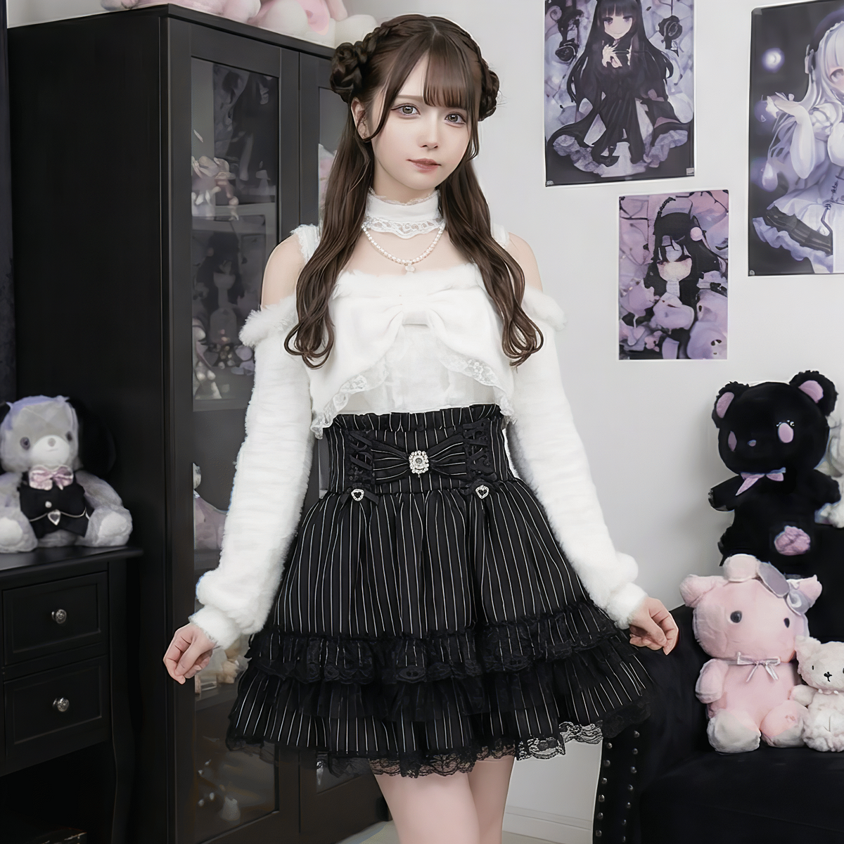 【VirtualParadise】パールチョーカー付きレースリボンシャギーニット◆セーター 量産型 S、M、L、XL