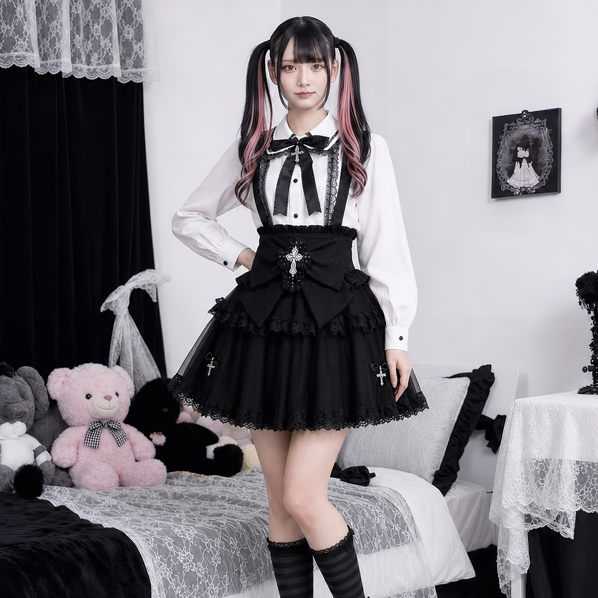 【AngelShare】モノトーンハートボタンシャツ+スカートセット◆セットアップ 地雷系
