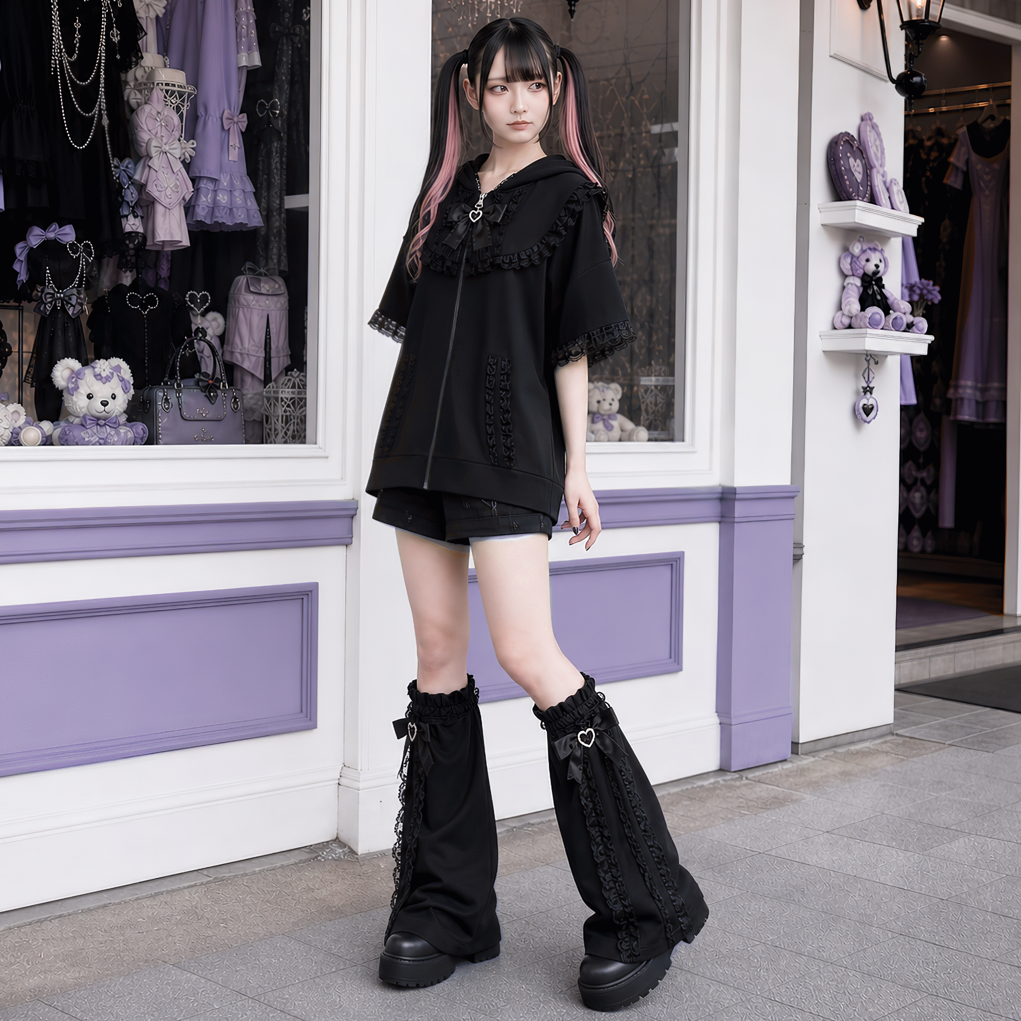 【AngelShare】うさ耳フードレースリボン半袖ジップパーカー◆パーカー 地雷系 M、L、XL