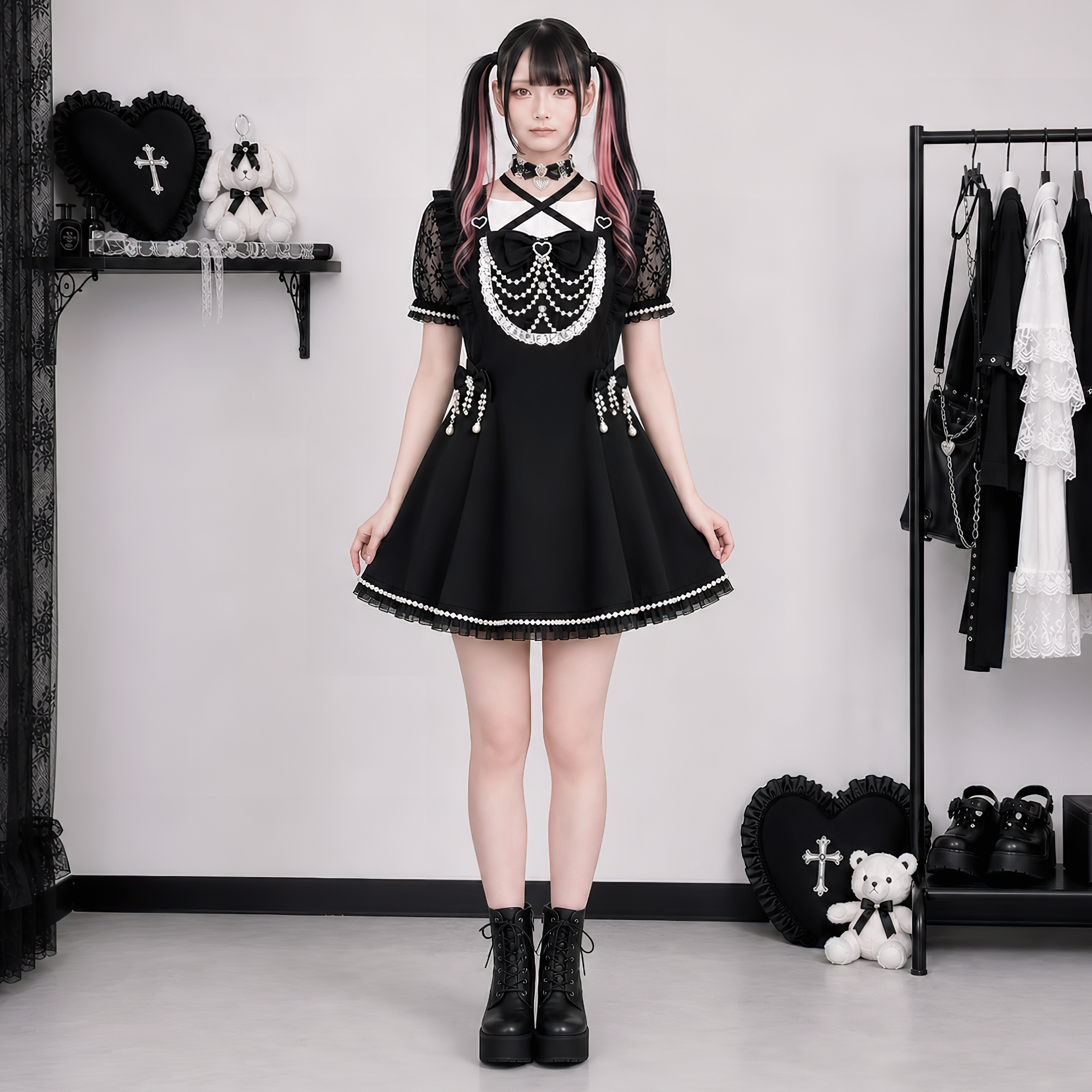 【AngelShare】パールチェーンリボンレーススリーブAラインワンピース◆ワンピース 地雷系 M、L、XL、XXL