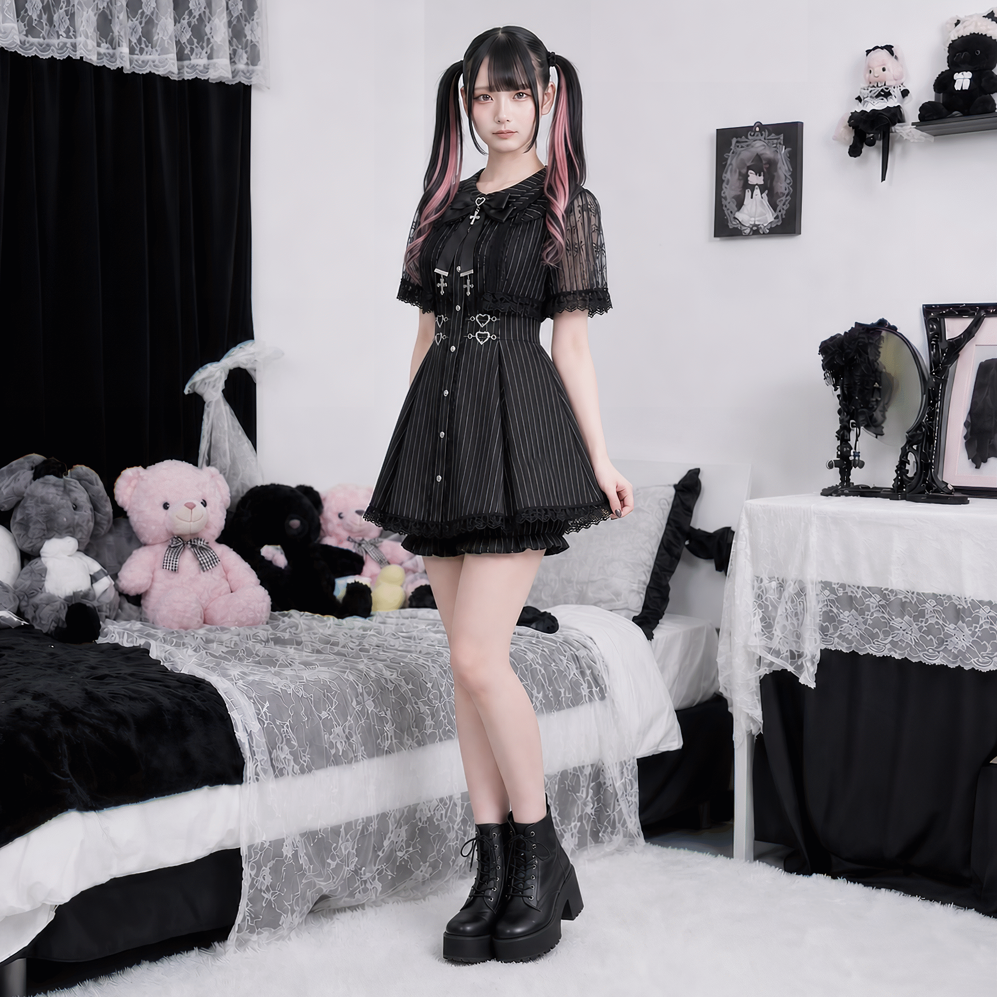 【AngelShare】クロスチャームレースケープフレアセットアップ◆セットアップ 地雷系 M、L、XL、XXL