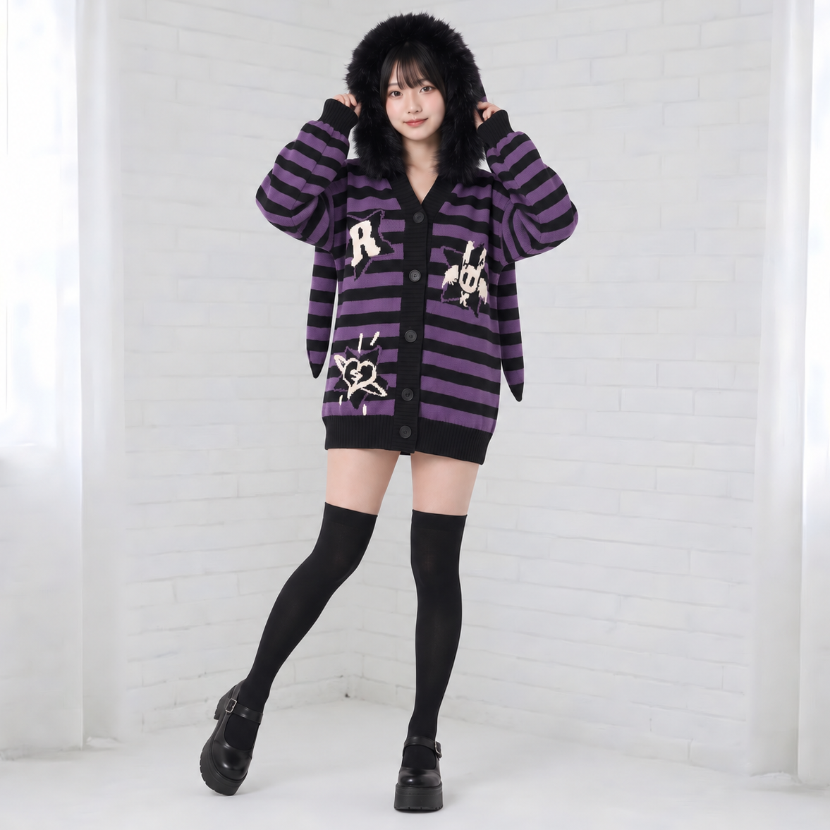 【CatWish】うさ耳フード付きボーダーカーディガン◆カーディガン サブカル系 S、M
