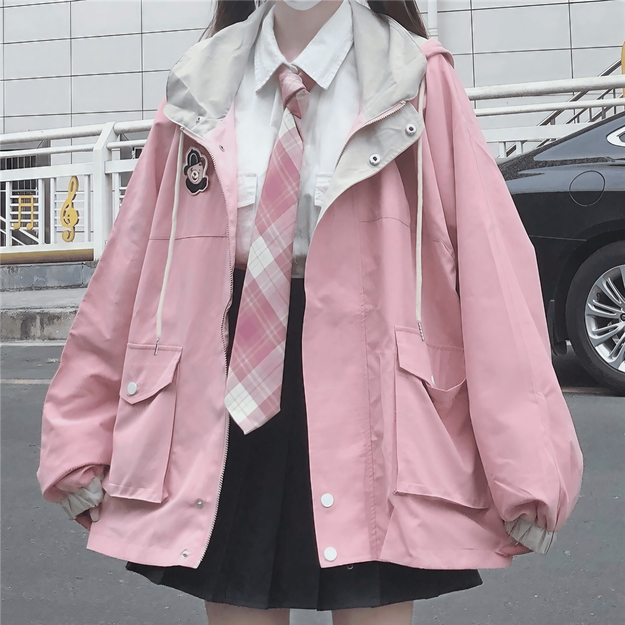 フード付コントラストカラージャケット◆ジャケット ガーリー系 S、M、L、XL
