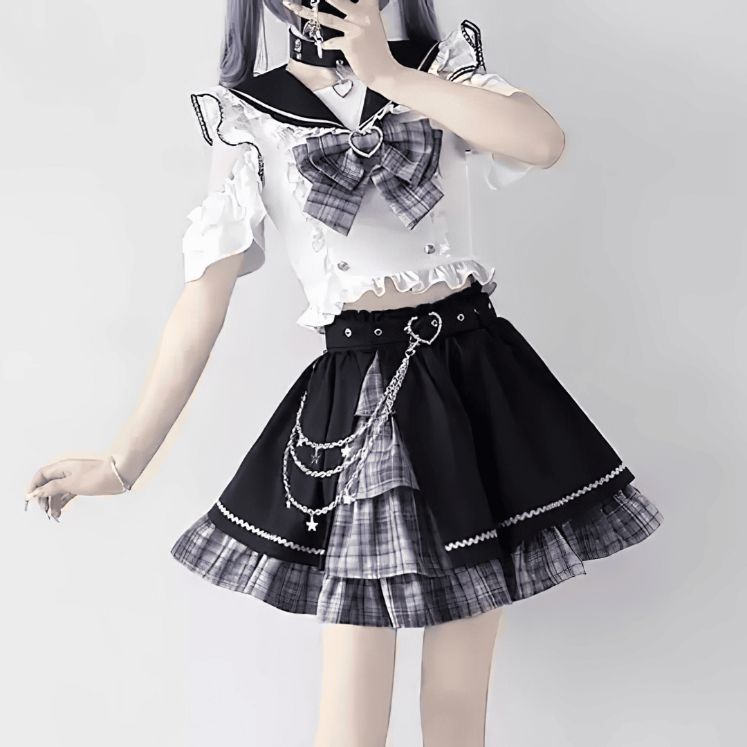 チェックリボンセーラー制服セットアップ◆上下セット ガーリー系 S、M、L、XL