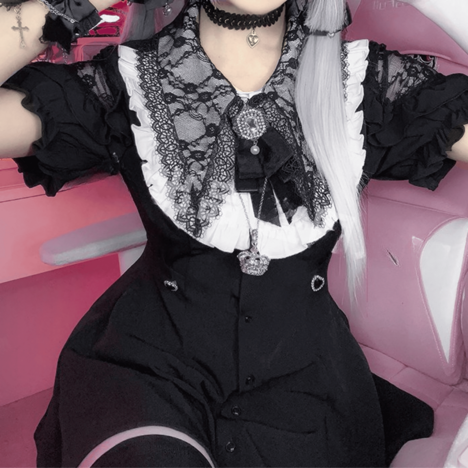 【AngelShare】ホワイトフリル半袖ブラックセットアップ◆セットアップ 地雷系 M、L、XL、XXL