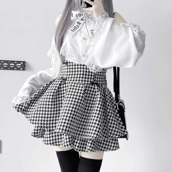 オフショル千鳥格子スカートセットアップ◆上下セット 量産型 S、M、L