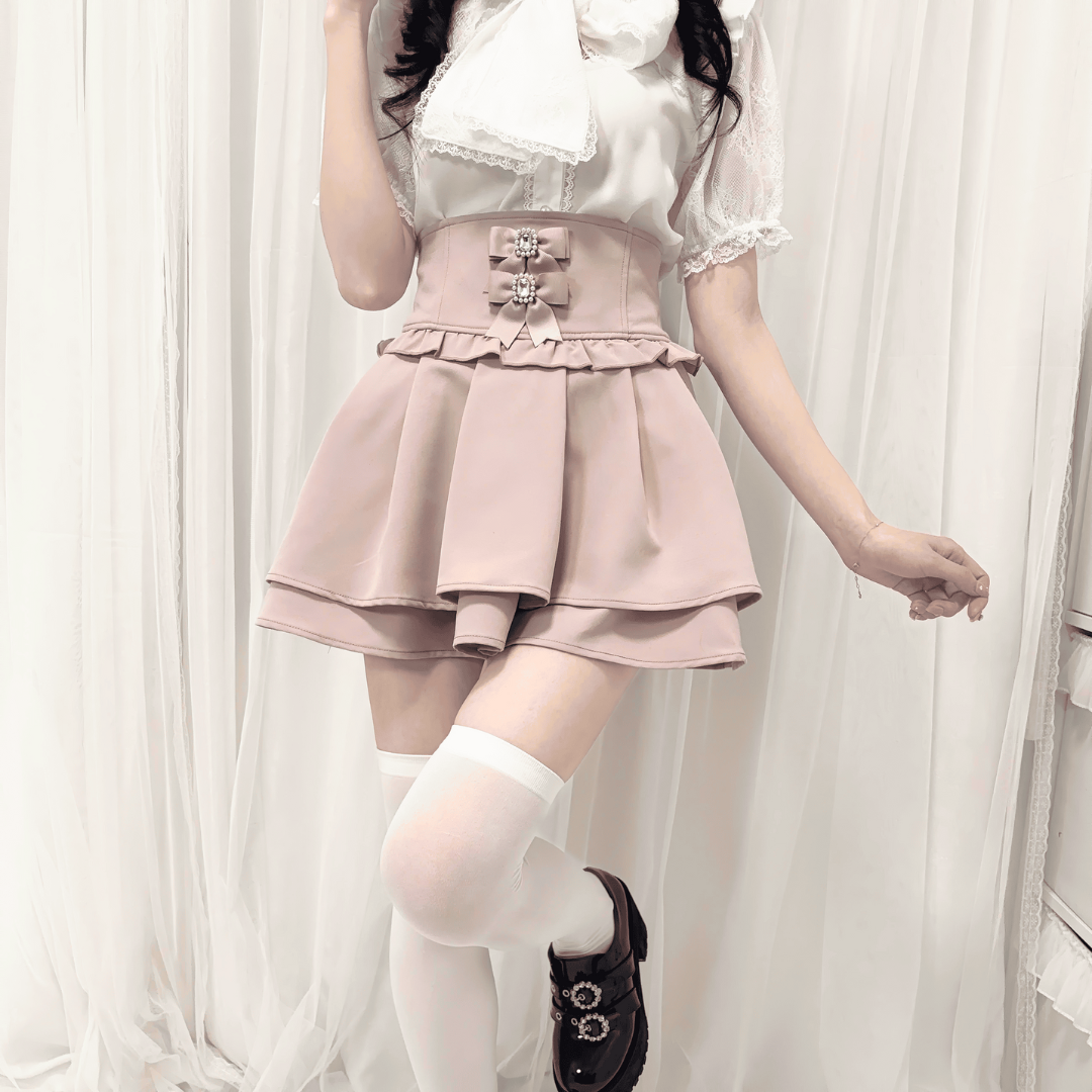 【nekura】ビジューリボンガーリーフレアスカート◆ミニスカート 量産型 M、L、XL