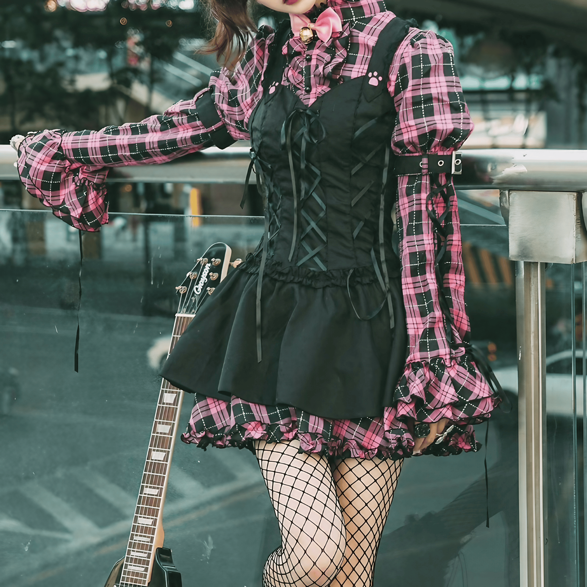 チェック柄スタンドカラーワンピース(袖取り外し可)◆ワンピース サブカル系 S、M、L、XL