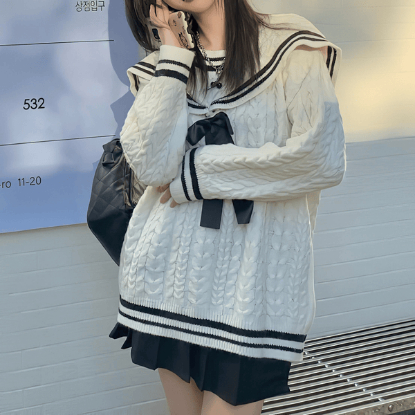 セーラーカラーケーブルニットセーター◆セーター ガーリー系 S、M、L、XL、XXL