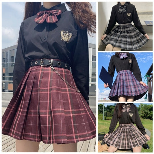 黒色シャツ+チェック柄スカート+リボンタイ3点セット「5」◆セットアップ　XS、S、M、L、XL