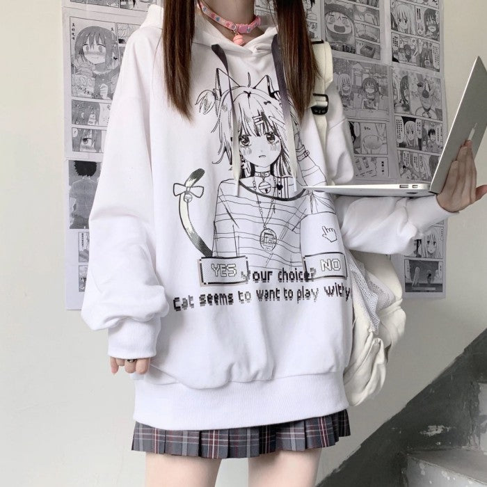 イラストプリントパーカー猫ガールver◆トップス　パーカー　S、M、L、XL、XXL