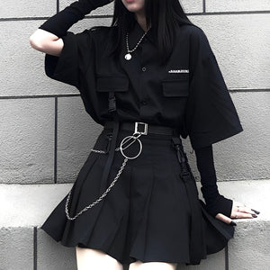 ブラックロングシャツ+チェーン付プリーツスカートセットアップ◆セットアップ　S、M、L、XL、XXL
