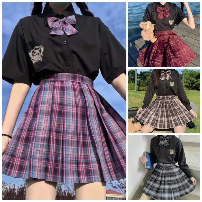 黒色シャツ+チェック柄スカート+リボンタイ3点セット「6」◆上下セット 学生服 XS、S、M、L、XL