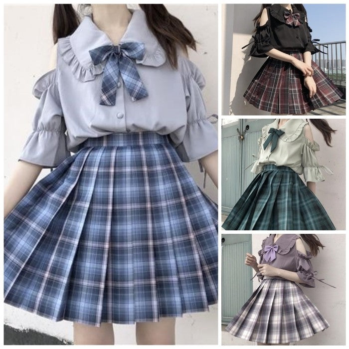 オフショルシャツ+チェック柄スカート+リボンタイ3点セット「8」◆セットアップ　S、M、L、XL