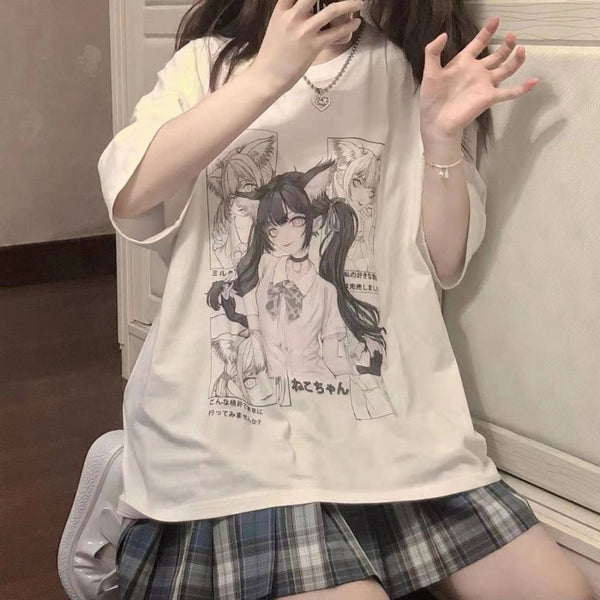 イラストプリントTシャツ猫娘ver◆トップス　Tシャツ　M、L、XL、XXL