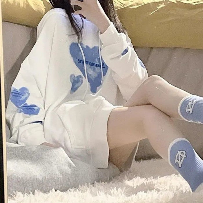 イラストプリントパーカーブルーハートver◆トップス　パーカー　S、M、L、XL、XXL