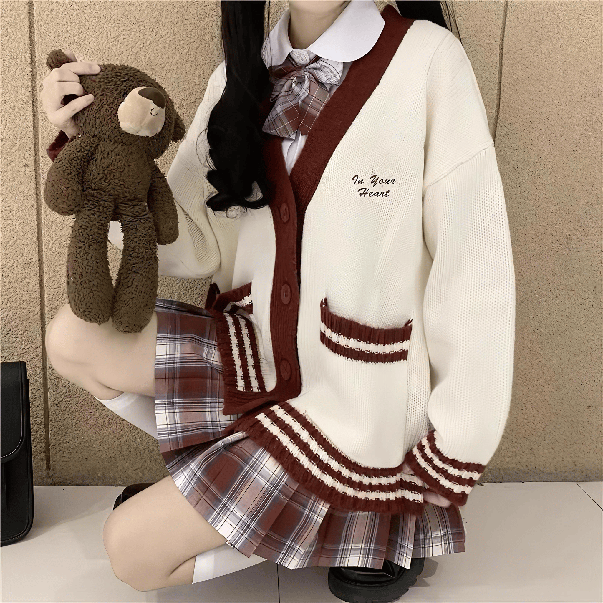シャツ+スカート+リボンタイ+カーディガン4点セット(18)◆カーディガンセット 学生服 XS、S、M、L、XL、XXL