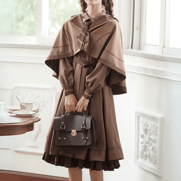 刺繍入りプリーツワンピース+ネクタイ+ケープマント3点セット◆アウターセット ガーリー系 S、M、L、XL