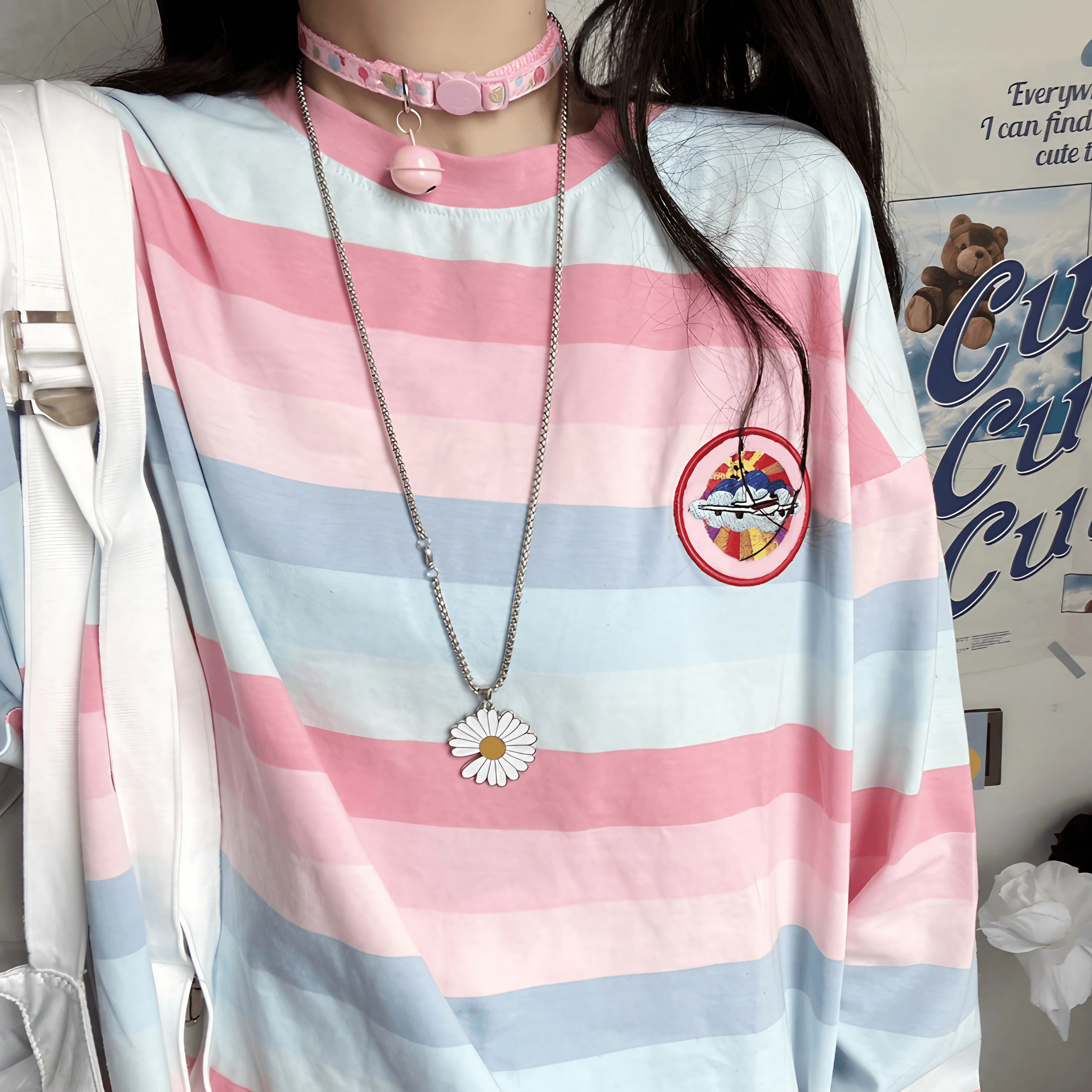 パステルボーダーロングスリーブTシャツ◆Tシャツ ガーリー系 M、L、XL、XXL