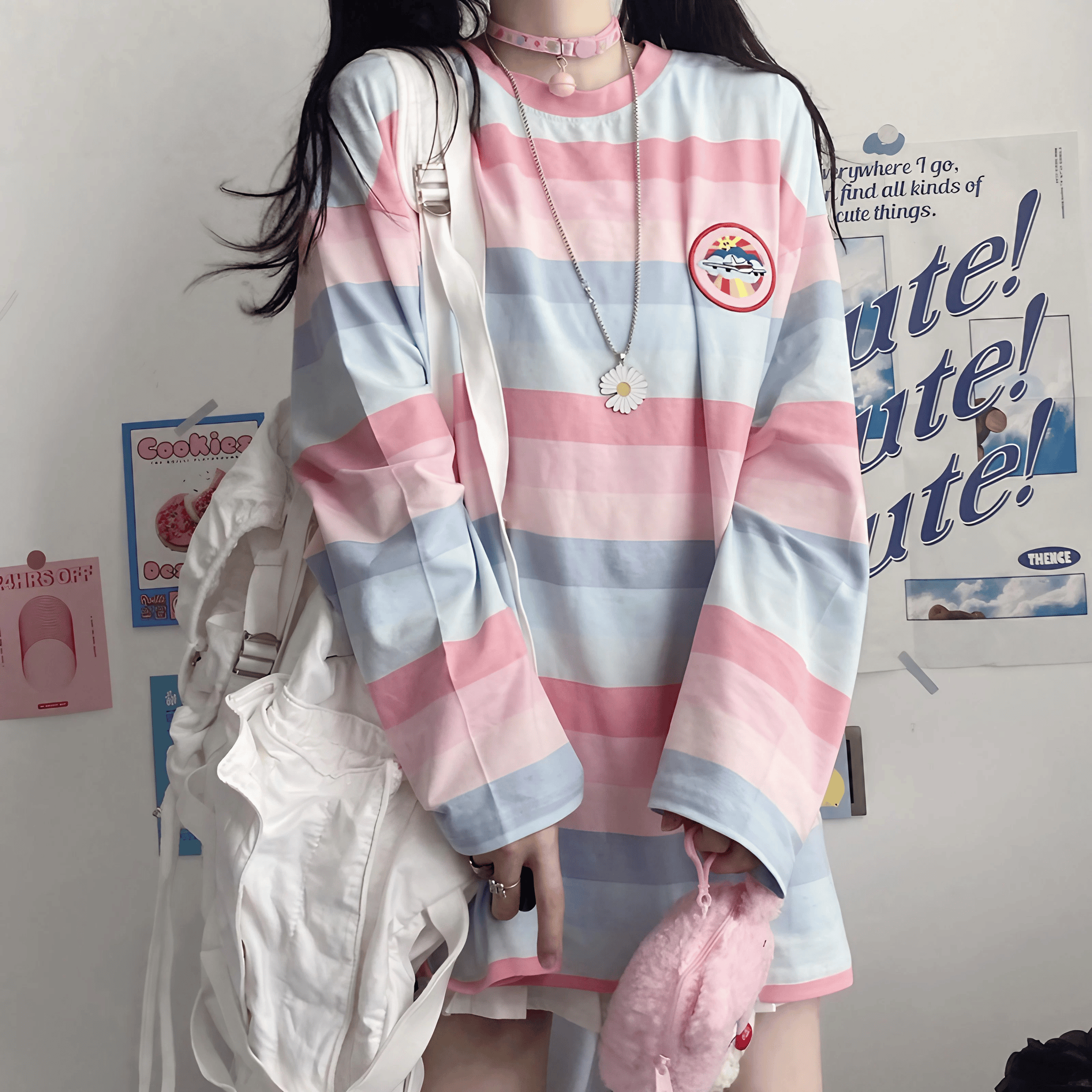 パステルボーダーロングスリーブTシャツ◆Tシャツ ガーリー系 M、L、XL、XXL