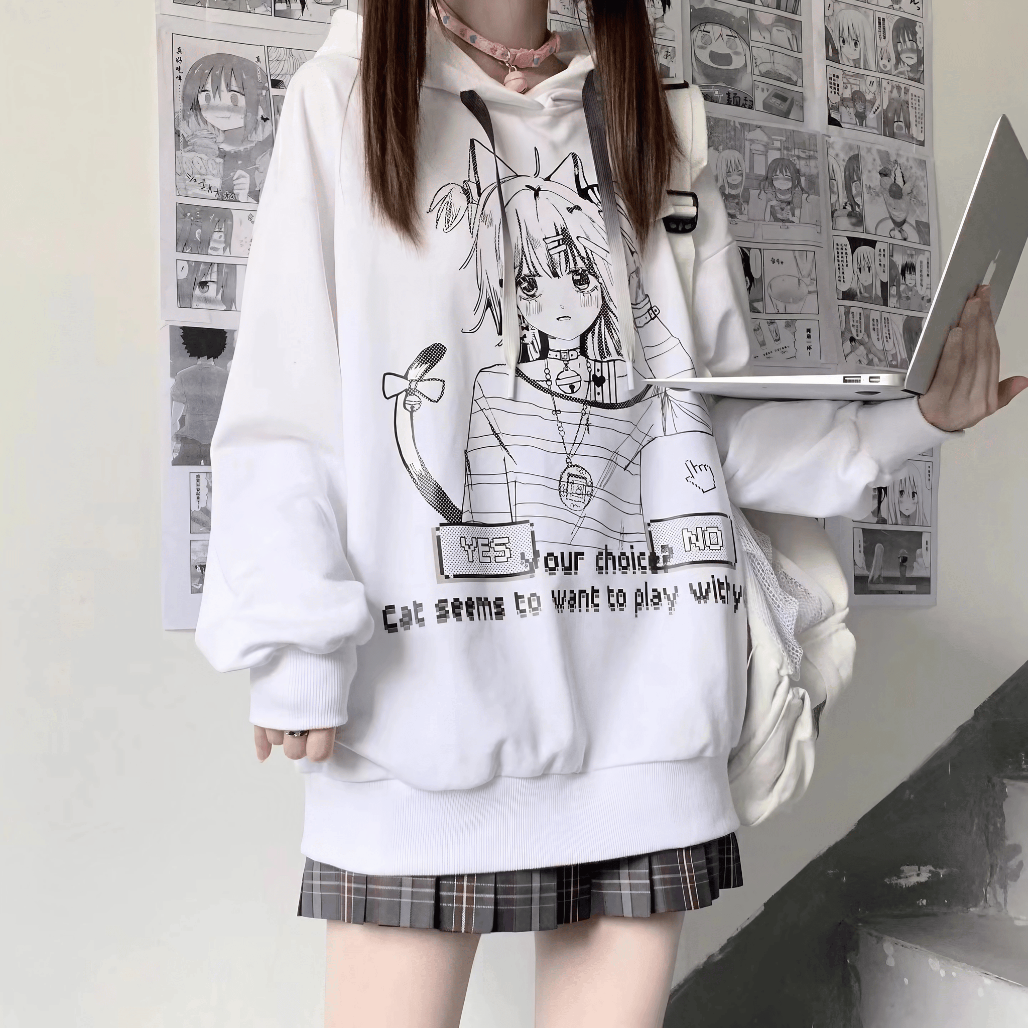 イラストプリントパーカー猫ガールver◆パーカー 地雷系 S、M、L、XL、XXL