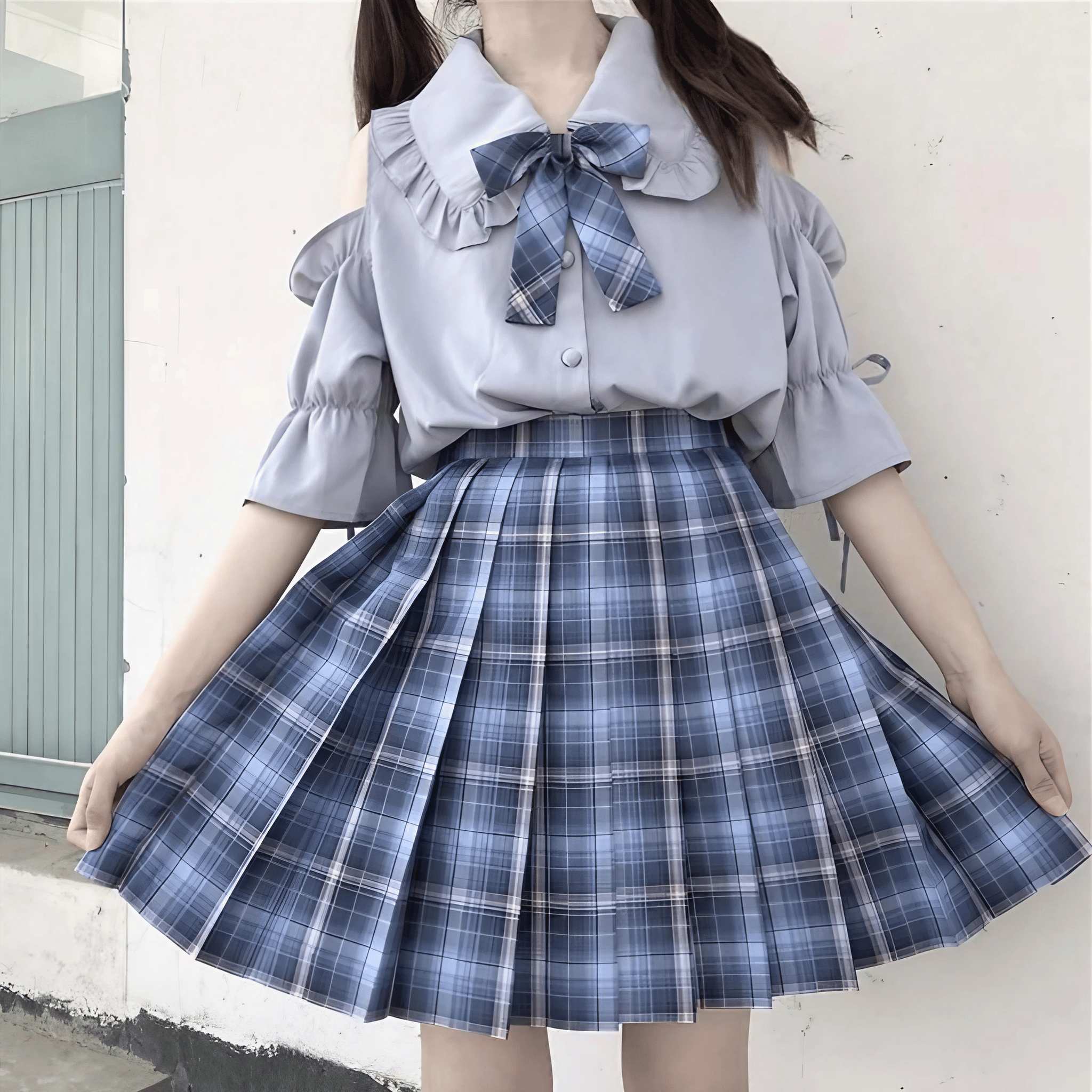 フリルネックチェックプリーツセットアップ◆上下セット ガーリー系 S、M、L、XL