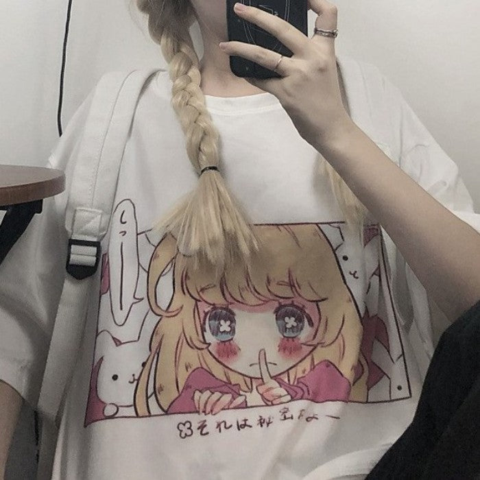 イラストプリントルーズTシャツ秘密ver◆イラストTシャツ ガーリー系 ワンサイズ