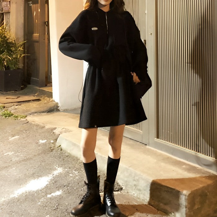ブラックパーカーワンピース◆ミニワンピ ガーリー系 M、L、XL、XXL、XXXL