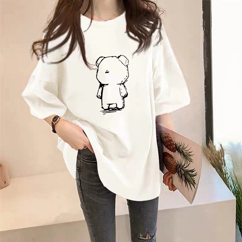 イラストプリントTシャツ白黒くまver◆イラストTシャツ ガーリー系 S、M、L、XL、XXL