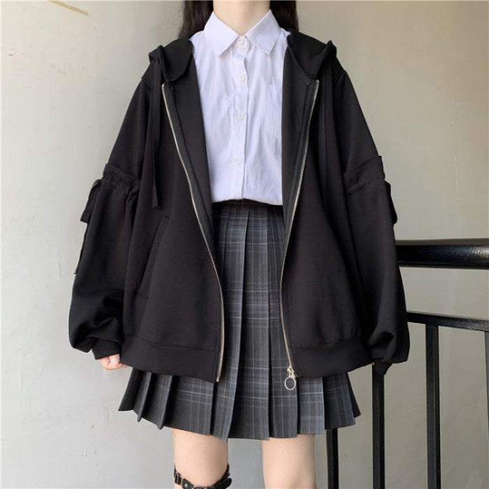 ジップアップリボンスリーブパーカー◆パーカー ガーリー系 S、M、L、XL