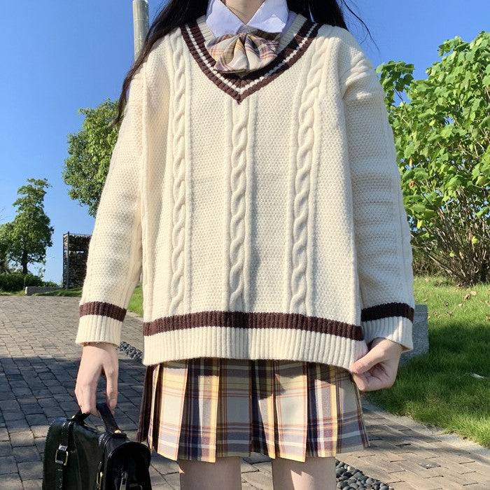 Vネックツイストニットセーター◆ベスト 学生服 S、M、L、XL