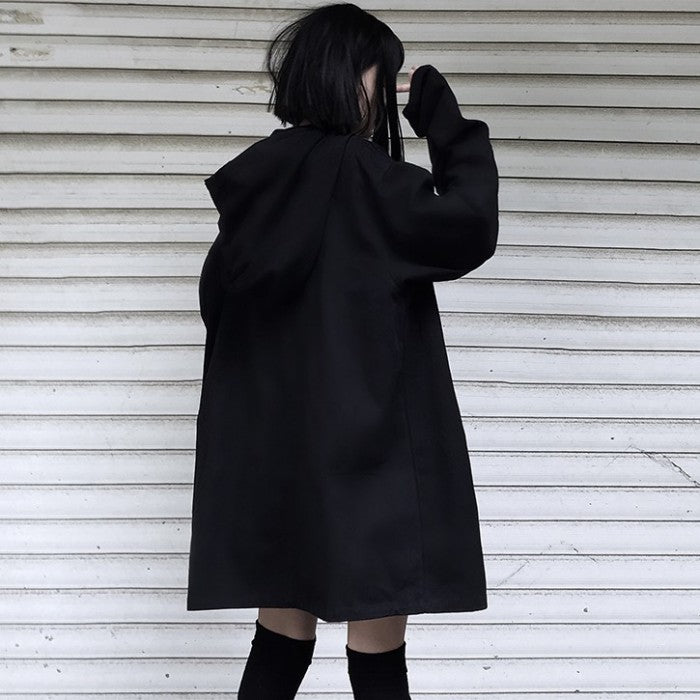 フード付ルーズブラックコート◆コート 地雷系 M、L、XL