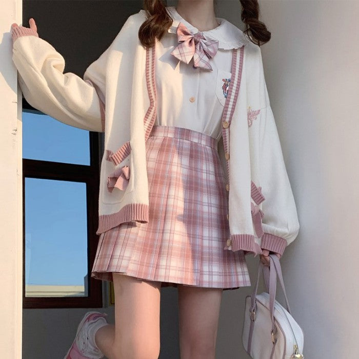 ドールカラーシャツ+チェック柄スカート+リボンタイ+カーディガン4点セット(1)◆カーディガンセット 学生服 XS、S、M、L、XL、XXL