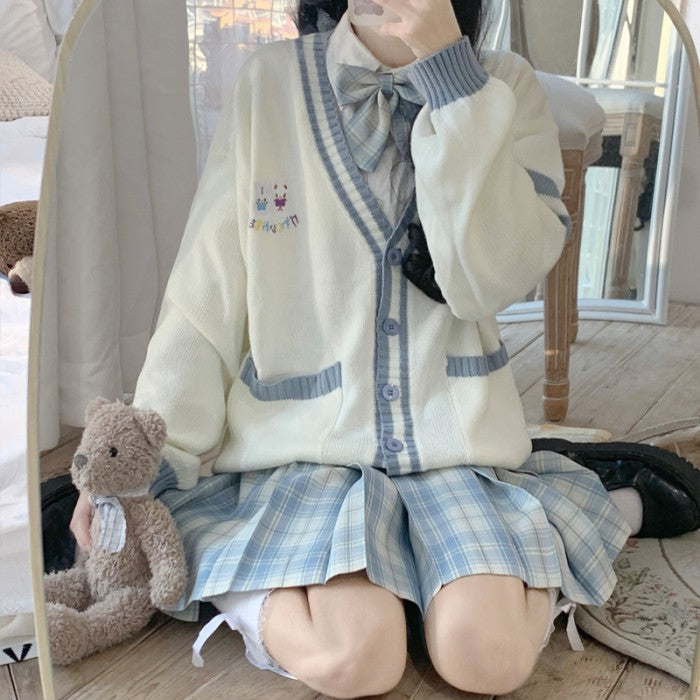 シャツ+チェック柄スカート+リボンタイ+カーディガン4点セット(2)◆カーディガンセット 学生服 S、M、L、XL