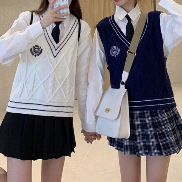 シャツ+スカート+ネクタイ+ベスト4点セット(4)◆ベストセット 学生服 XS、S、M、L、XL、XXL