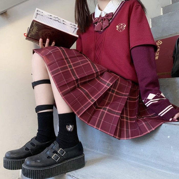 シャツ+チェック柄スカート+リボンタイ+フェイクツーピースセーター4点セット(27)◆セーターセット 学生服 S、M、L、XL
