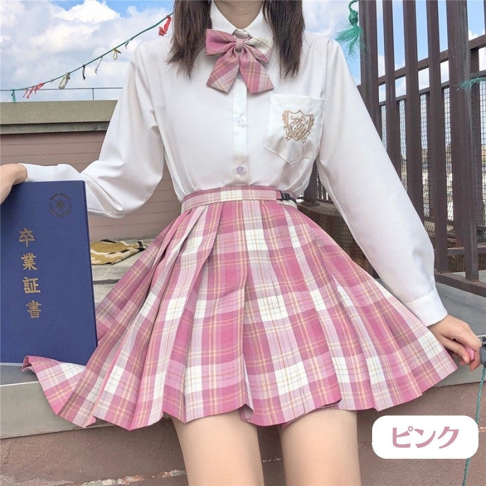 シャツ+チェック柄スカート+リボンタイ+インナー+ヘアバンド+ソックス6点セット「1」◆上下セット 学生服 XS、S、M、L、XL、XXL