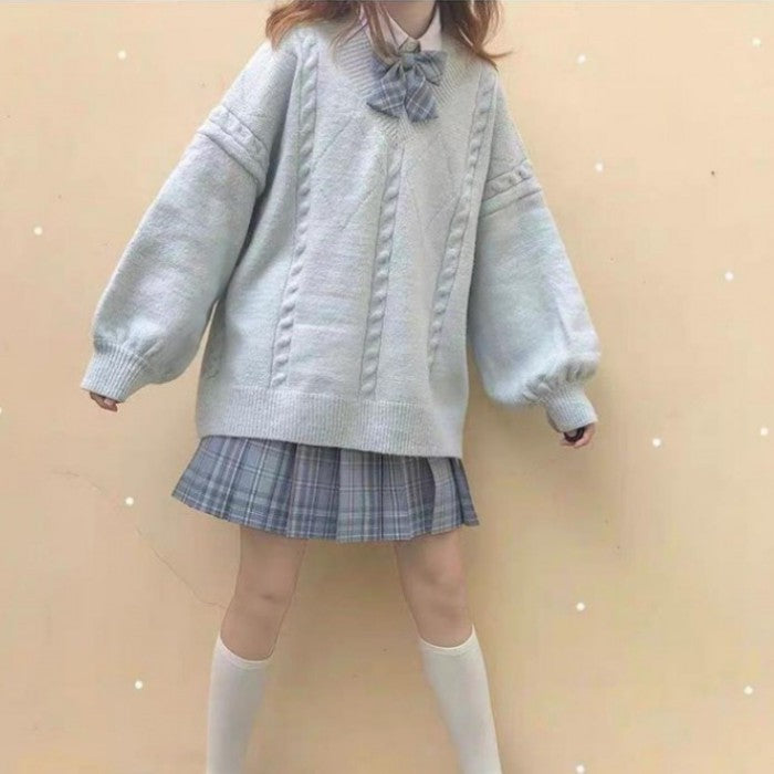 Vネックルーズニットセーター◆セーター 学生服 ワンサイズ