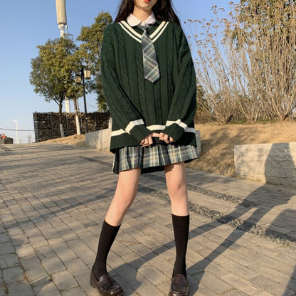 シャツ+チェック柄スカート+ネクタイ+セーター4点セット(31)◆セーターセット 学生服 S、M、L、XL